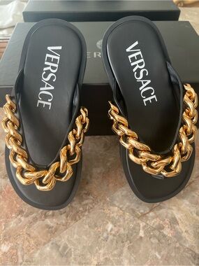 Versace Black Slides with Oversized Gold Chain Accent